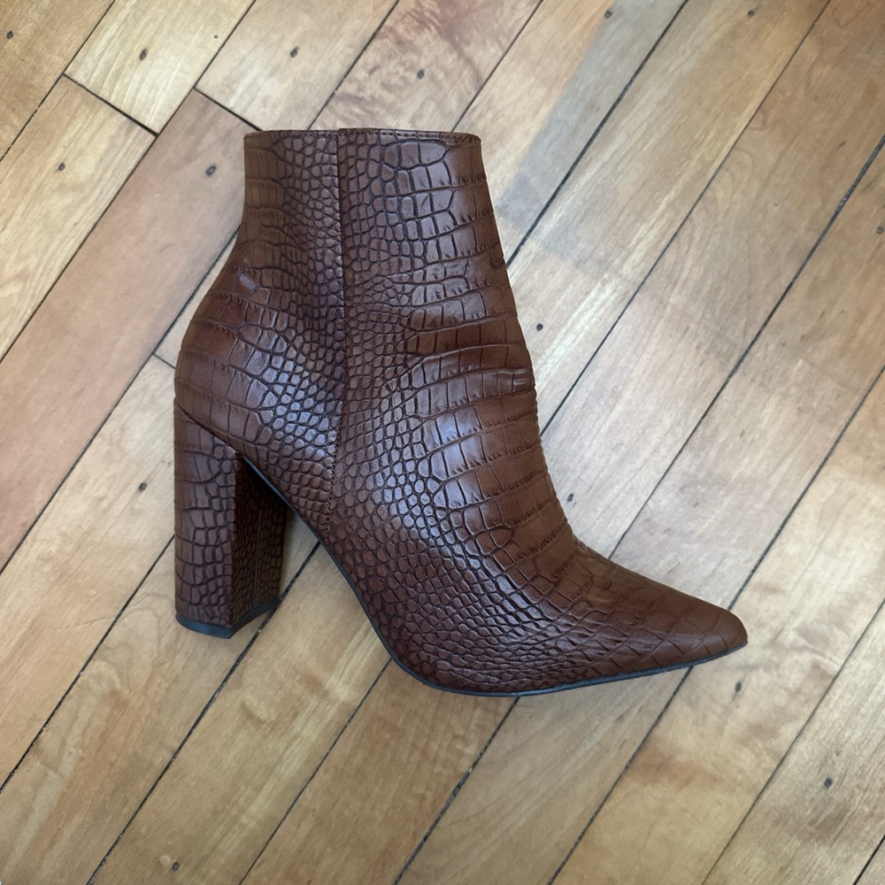Brown leather snake skin booties